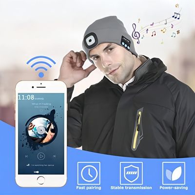 LED Knit Bluetooth Headphones Hat 12hours Play Time Built In Microphone