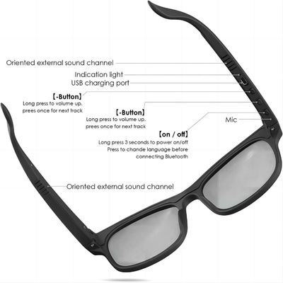 Open Ear Headphones Black Bluetooth Sunglasses Volume Control Anti UV Lens